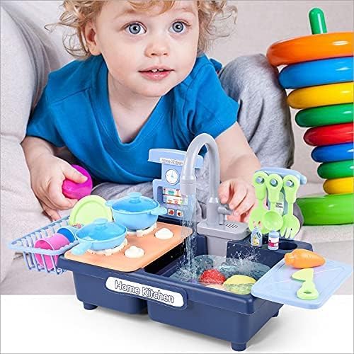 Image of Electric Kitchen Play Sink with Water Circuit, Dishwasher, Toys with Simulated Tap and Included Kitchen Accessories for Children (Blue)