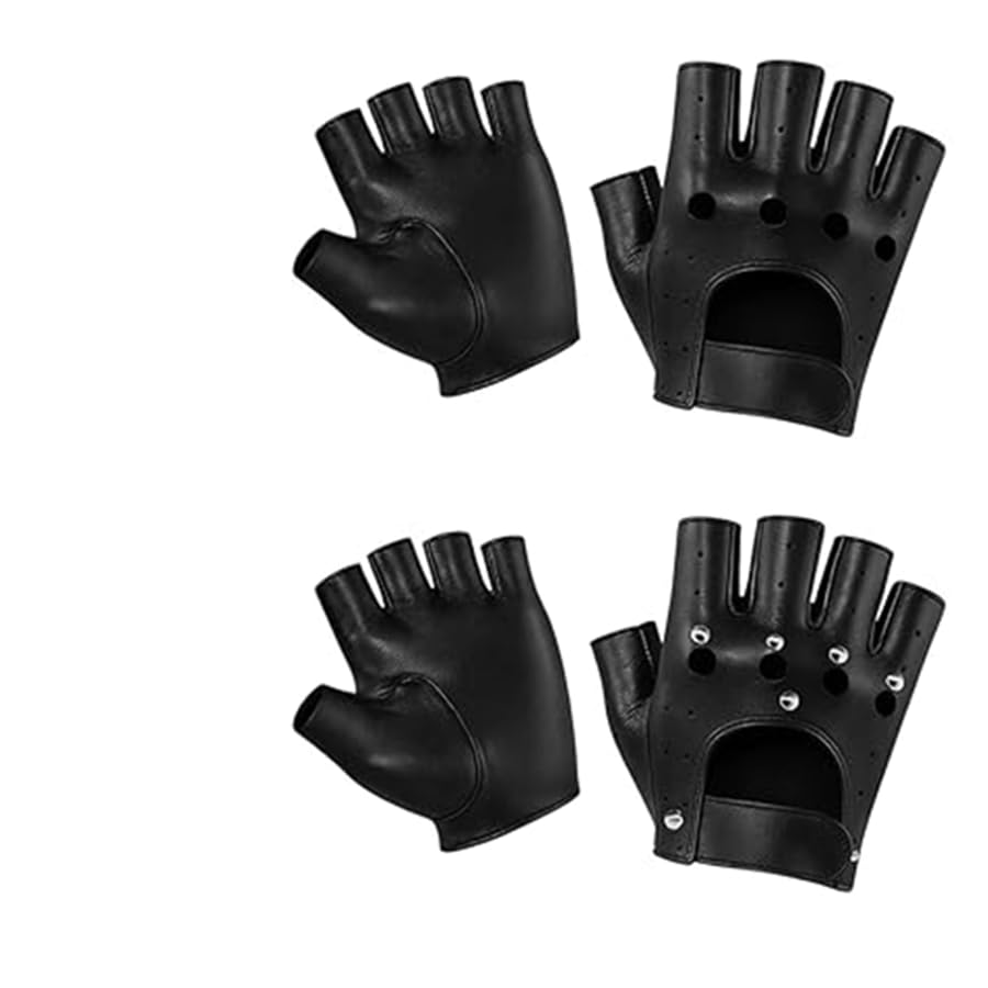 HolooVeranillo 2 Pairs Leather Punk Fingerless Gloves Black Leather Fingerless Gloves Mens Studded Punk Glove for Motorcycle Riding Cosplay and Outdoor Activities