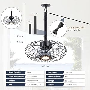 Black Outdoor Ceiling Fans with LED Light 15 Waterproof Gazebo Fan Plug in Caged Industrial Fandelier Ceiling Fan with Remote 6 Speeds Adjustable Height Fan for Bedroom Living Room Pergola