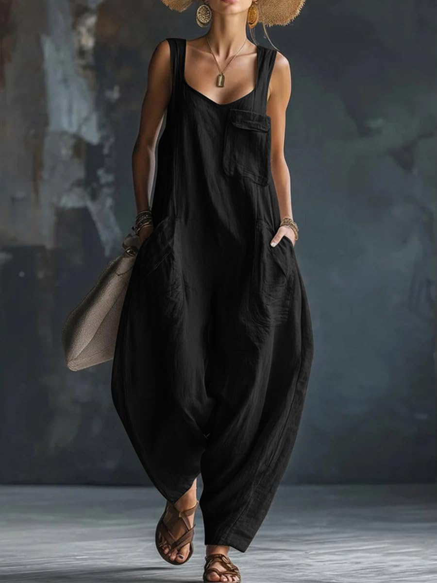 Onsoyours Salopette Donna Estiva Lunga in Lino Elegante Tuta Intera Chic Jumpsuit Pantaloni Gamba Larga Senza Maniche con Tasche