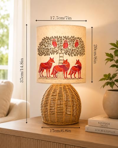 Image of Homesake Handwoven Rattan Table Lamp with Fabric Shade | Boho Bedside Lamp for Bedroom | Decorative Cane Lamp for Living Room | Warm Ambient Lighting | Raffia Round Home Decor, Gond Art Shade