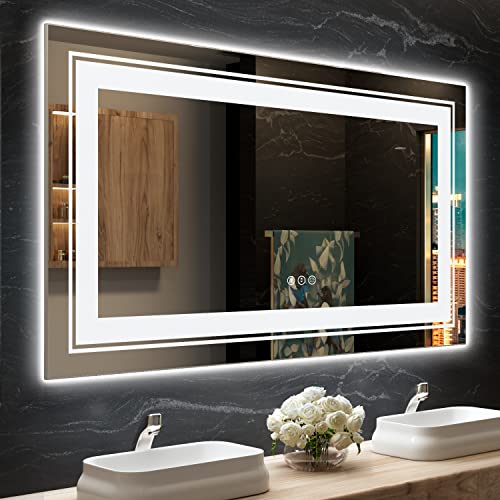 LED Bathroom Mirror, 55"x30" with Front and Backlit, Anti-Fog, Large Bathroom Vanity Mirror for Wall, Memory Function, Stepless Dimmable, Tempered Glass (Horizontal/Vertical)