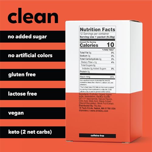 Image of Tru Gut Powder, Prebiotics and Probiotics for Digestive Health, Peach Flavored Gut Health Drink Mix with Vitamin B3, Sweetened with Monk Fruit & Stevia, Caffeine Free, Gluten Free, Vegan, 12 Packets