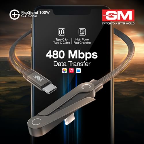 Image of GM G+ FlexStand 100W Type-C-C Cable | Built-in Stand for Portrait & Landscape Viewing | 4.5mm Flat design | 20,000 bend cycles tested Nylon Braided |Laptops,Tablets, Smartphones |1 Year Warranty
