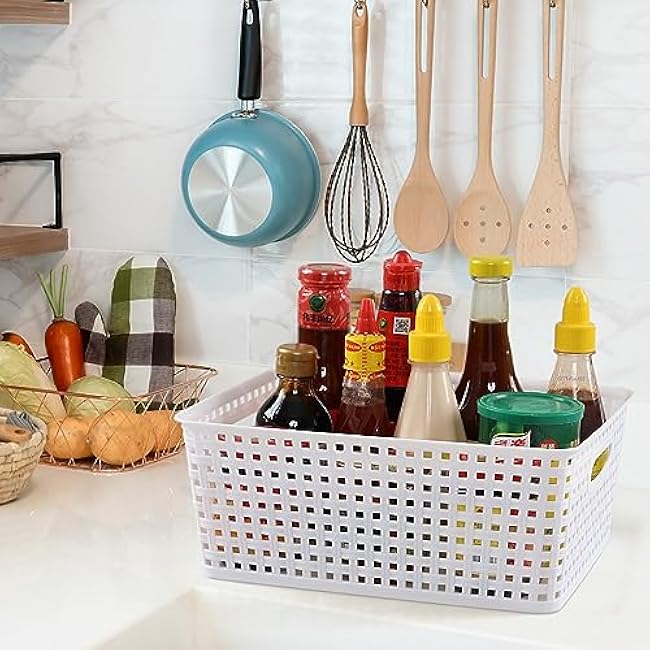 Gloreen White Plastic Basket, 8 Quart Weave Storage Baskets, 4 Packs