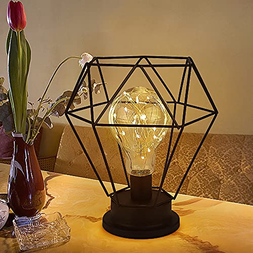 Punvot Lampe de Table à Piles en Métal, Lampe de Table Vintage, Lampe de Table Diamond, Veilleuse Rétro en Fer, Lampe de Table Décorative à Piles pour Home Restaurant Hotel Piles Mariage Non Incluses