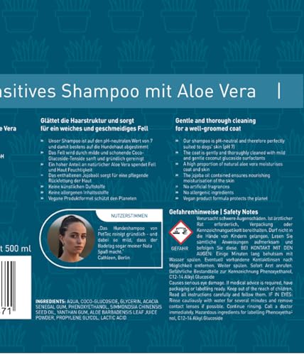PetTec® - Hundeshampoo sensitiv mit Aloe Vera 500ml Pumpflasche - pH neutrales (7) & rückfettendes Shampoo für alle Hunderassen - Fellpflege Hund Paraben-, Silikon- & Duftstofffrei - Dog shampoo vegan