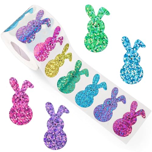 Image of 500Pcs Easter Bunny Stickers 1.5in Large Holographic Bling Sparkly Spring Happy Easter Bunny Stickers Roll 8 Colors Self-Adhesive Rabbit Sticker for Envelopes Scrapbook Decorations Supplies