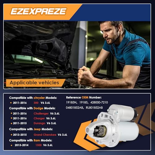 Image of 19185N Ezexpreze Starter Compatible with 11-16 Chrysler 300 Dodge Challenger & Charger,11-15 Durango,13-15 Grand Cherokee, 13-14 Ram 1500 3.6L 1.3kw 9-Teeth CW Replace# 4801852AB DRS0861 428000-7210