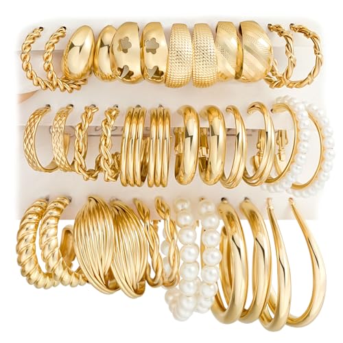 Gold Hoop Earrings Set for Women, 18 Pairs Hypoallergenic Statement Open Pearl Hoops Earring for Multipack, Gold Chunky Hoop Earrings for Women Trendy Jewelry