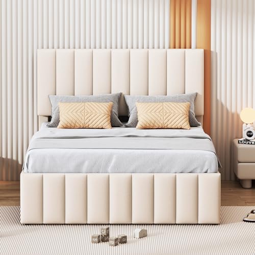 OKMYHOME Cama Gigogne 140 x 200 cm – Cama doble con cajones y cama supletoria, MDF y lino, sin colchón – Beige