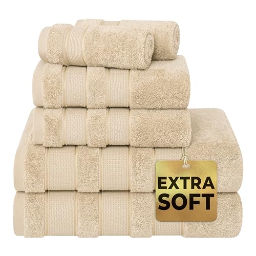 American Soft Linen Salem Türkisches Badetuch-Set, 100% Baumwolle, 600 g/m², 6 Stück Handtücher für Badezimmer, 2 Badetücher, 2 Handtücher, 2 Waschlappen, Beige