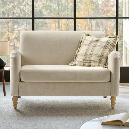 HULALA HOME 50.5" Loveseat Sofa with Stripe Pattern, 2 Seater Farmhouse Sofa with Rolled Wide Armrests and Rubber Wood Legs, Comfy Upholstered Small Couch for Living Room Bedroom, Linen
