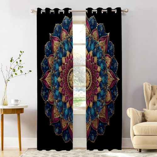 Shrahala Radial Symmetry Jewel Tones Blackout Window Curtains, Intricate Colorful Mandala Art Thermal Insulated Curtains Grommet Long Drapes for Bedroom,Living Room (2 Panels, 52 x 84 in)