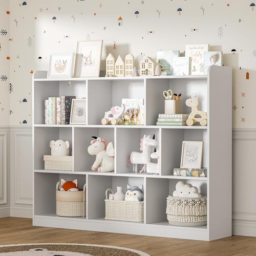 DIYART White Bookshelf, Wood Bookcase with 3 Tier Open Shelves, 10-Cube Minimalist Storage Shelf for...