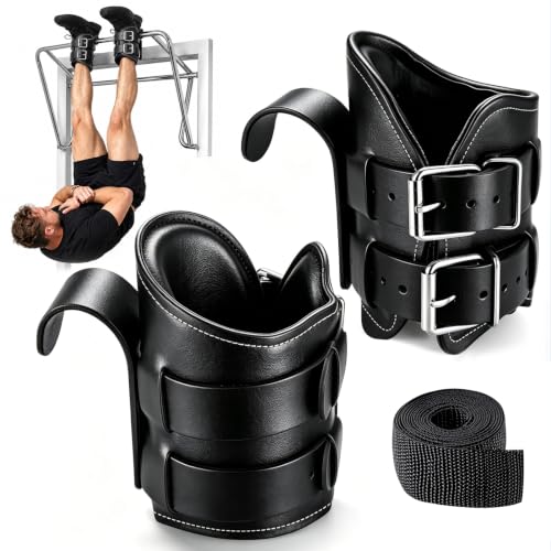 Gravity Inversion Boots for Back Pain Relief PU Leather Cushioned Ankle Support with Adjustable Double-Lock Buckles Hanging Inversion Boots for Pull Up Bar Spine Decompression & Core Training