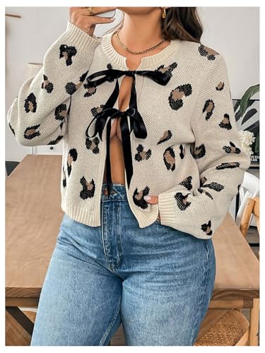 MakeMeChic Women's Plus Size Leopard Print Bow Tie Front Cardigan Crew Neck Long Sleeve Cardigan Sweater Knitwear4