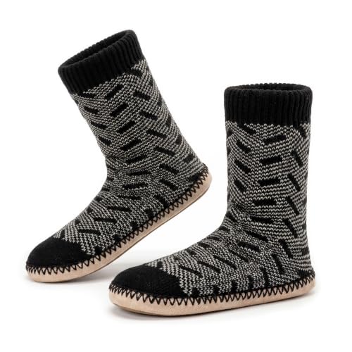 Image of Cozylook Mens Slippers Soft Sole Non Slip Fleece Lined Slipper Socks | High shaft knit upper, warm sherpa interior, cushioned underfoot comfort, grippy bottom for winter home, dorm and travel