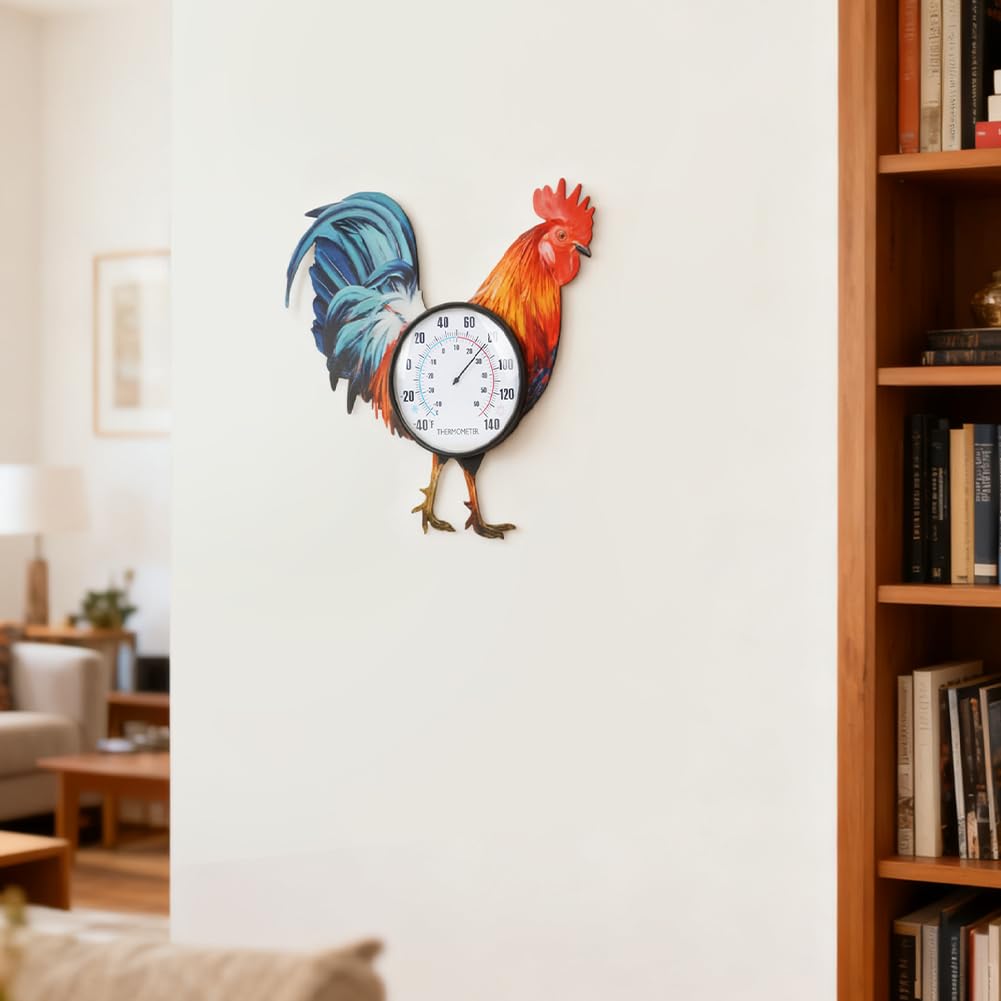 15" Rooster Outdoor Thermometer, Metal Indoor Wall Thermometer, Outside Thermometer with Large Number for Patio Home Room Decor