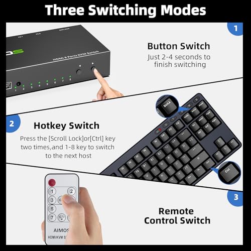 Image of 8 Port KVM Switch HDMI 4K@30Hz, USB2.0 HDMI KVM Switch for 8 Computers Share 1 Monitor Keyboard Mouse Printer, Support Hotkey Switch, with Remote Control and 8 USB Cables