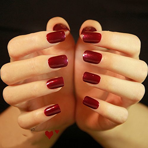 YUNAI False Nails French Manicure Nail Art Fake Nail Tips Full Cover Medium Tips Burgundy Textured Pre-Designed Fake Nails