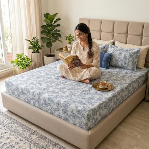 Image of Mafatlal 186 TC Grace Pure Cotton Double Size Bedsheet | 90 x 100 Inch | Soft Breathable Cotton Bed Sheet Set with 2 Pillow Covers | Sapphire Blue