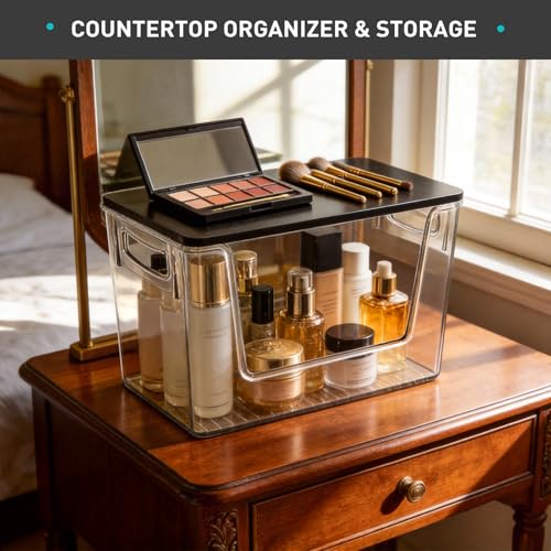 Image of Heyuzb Pantry Organizers Storage, 2 Pack Large Clear Storage Bins with Bamboo Lids for Onion, Potato, Garlic, Canned Food, Organizer Bins for Under Sink, Kitchen, Countertop, Bathroom