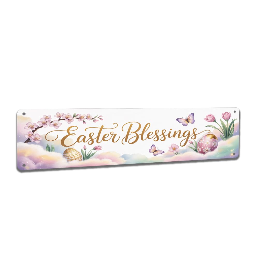 Peiyeety A003 Easter Blessings Vintage Metal Tin Sign, 4X16 Inch Rustic Easter Themed Wall Decor, Retro Sign For Home, Porch, Waterproof Tin Sign, Durable Wall Art