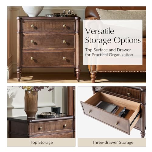 HULALA HOME Traditional End Table with Charging Station, Fluted End Tables with Wood Drawers and Solid Wood Spindle Legs, 28 Inch Wide Storage, Walnut - Image 6