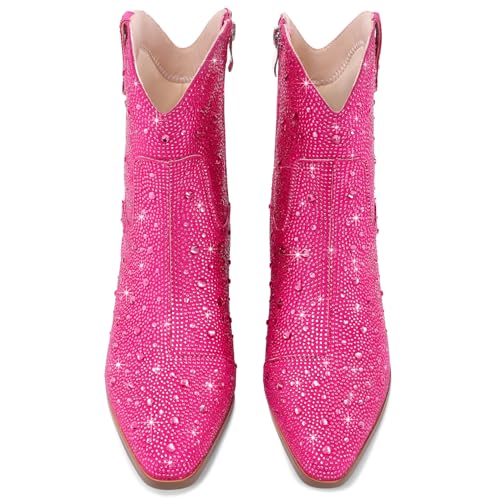 Image of Cowgirl Ankle Boots Cowboy Boots for Women Western Booties Rhinestone Chunky Heel Fashion Comfortable Side Zipper