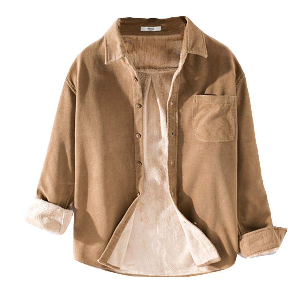 GUOCU Chemise Chaude en Velours Côtelé pour Homme Chemise à manches longues épaissie et Veste Doublée de fourrure Polaire Sherpa Chemise Rembourrée de Couleur unie Chemise en Flanelle d'hiver