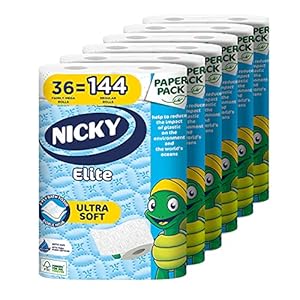 Nicky® Elite Bath Tissue 36 Ultra Soft Mega Rolls= 144 regular rolls, Plastic Free Packaging, Paper Wrap