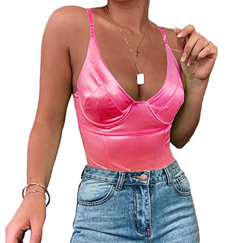 Velius Women s Sexy Deep V Neck Shiny Thong Bodysuit Tank Tops with Underwire (Neon Rose, Medium)