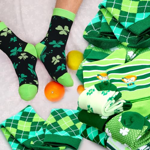 Image of 12 Pairs St. Patrick's Day Socks Fun Shamrock Clover Irish Black Green Novelty Crew Dress Socks St. Patricks Day Party Gift for Womens Men