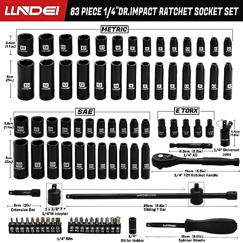 LLNDEI 1/4 inch Drive Impact Socket Set 83 Piece,Standard SAE(5/32-9/16 inch) Metric Size(4-15mm),72T Ratchet Wrench Handle,CR-V Mechanics Tool Set with Adapter,Screwdriver Bits for Automotive Repair