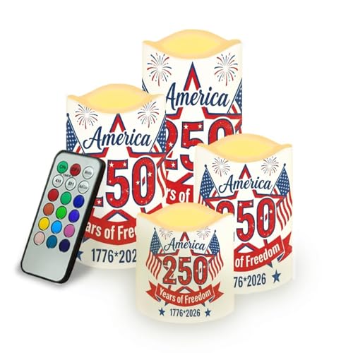 Image of 250th Years of American Freedom Electric Candles Patriotic Red White Blue Flameless Candle Set Star Stripes Battery Operated Fake Candles Independence Day Party Supplies, 4 Pack