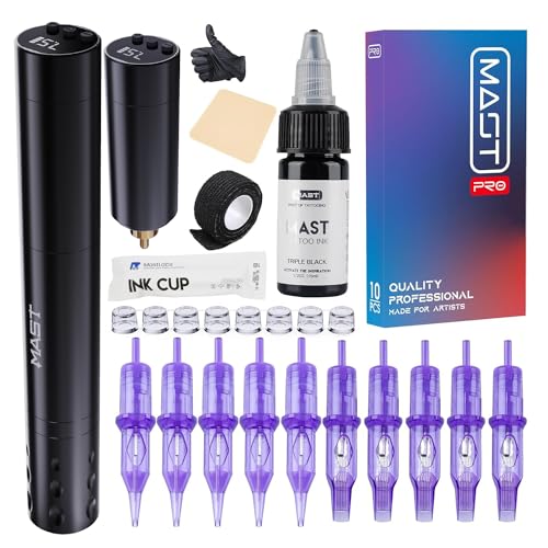 Mast Tattoo Gun Kit, Tour Fly Wireless Rotary Pen Machine, Power Motor by Mcore-A, 20 Count Pro Needles Cartridges, Cordless 2 Batteries Replaceble
