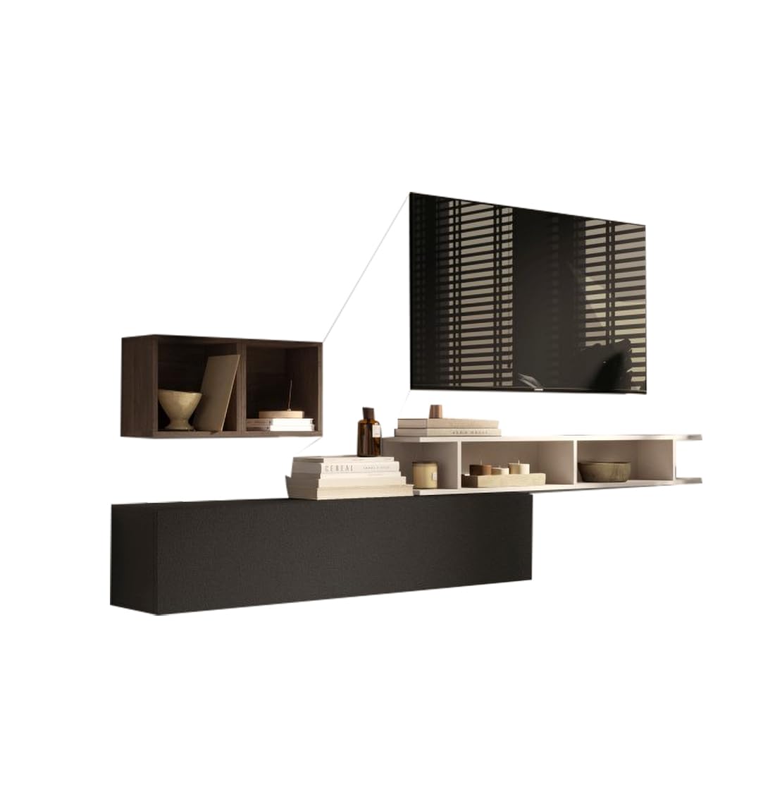 Parete Attrezzata Moderno per Soggiorno Sospesa 190x120 cm Composta da 2 Cubi 1 Mensola e 1 Pensile Apertura Vasistas/Ribalta Beige Grafite e Noce PAL55