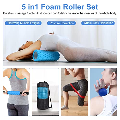 5 In1 Foam Roller Set, Trigger Point, Yoga Stick, Massage Ball, Stretching Strap, Carrying Bag, Towel, For Deep Muscle Pilates (Blue), Aucuu, 1.0 Count #TOP2
