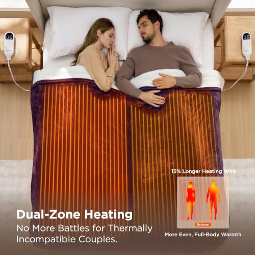 Image of Bedsure Heated Blanket Queen Size, Dual Control Electric Blanket, Purple | Preheat Function,6 Heat /6 Timer Settings, 8H Auto Shut-Off, ETL /FCC, Soft Flannel Sherpa, Machine Washable, 84x90in