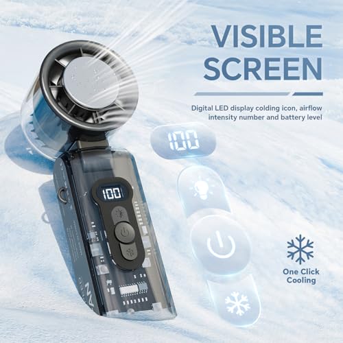 Image of Portable Handheld Fan with Cooling Plate for Personal Travel | Small Turbo Cooler with Lanyard, LED Flashlight for Camping Outdoor, High Speed Cold Air, Rechargeable Foldable Desk Item