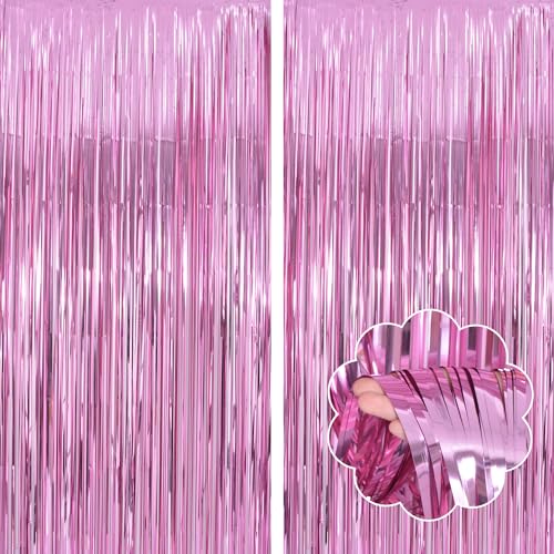 Image of Pink Party Decorations Backdrop Curtains 2Pack - 3.3x8.2FT Pink Backdrop Photo Booth Props Fringe Curtains - Hot Pink Birthday Decorations Streamers Barbie Party Decorations Princess Backdrop