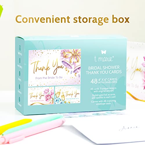 T Marie 48 Gold Foil Bridal Shower Thank You Cards With Envelopes And Stickers - Elegant Floral Wedding Shower Thank You Cards Boxed Set - Blank 4X6” Bulk Pack Notecards From The Bride To Be #TOP5