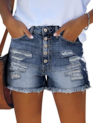 Angerella Summer Casual Womens Ripped Stretchy Denim Jean Shorts Juniors Mid Rise Frayed Raw Hem Short Navy Medium #TOP22