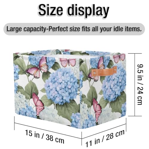 Image of Blue Hydrangea Flowers Storage Baskets for Organizing, Fabric Collapsible Storage Bins Box Pink Butterfly Decorative Toy Organizer Baskets for Closet Shelves Gift Basket 1 Pc