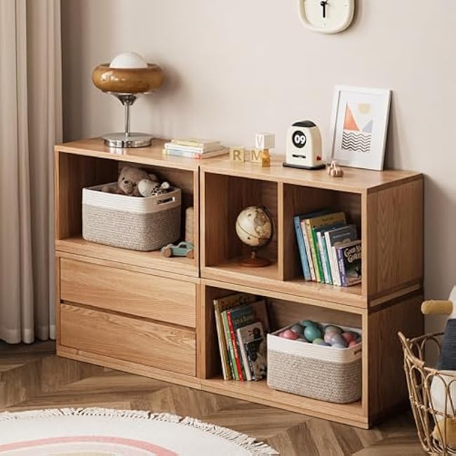 UBBCARE 4 Pack Storage Basket for Shelves, Woven Baskets for Organizing, Durable Organizer Baskets Storage Bins for Bookshelf, Toys, Towels, Clothes, 13''Lx9''Wx7.5''H, White&Light Brown