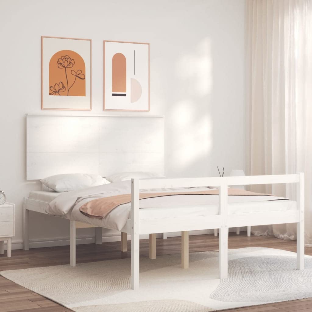 Seniorenbett Weiß aus massivem Kiefernholz mit Lattenrost und Kopfteil 120x190 cm, Schlafplatz mit Stauraum, seniorengerechtes Bettgestell für Schlafzimmer und Gästezimmer