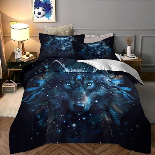 Drap de couette loup bleu 3D 200x200 microfibre 3 pièces