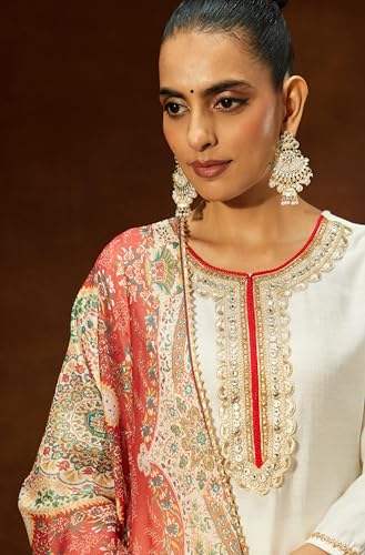 Image of Janasya Women's Off White Silk Blend Embellished Straight Kurta Set