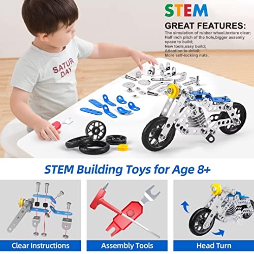 Image of Ferthor Fun Creative Set Motorcycle,Stem Building Projects Toys for Kids 8 9 10 11 12+ Year Old,Metal Building Construction Model kit, 5 in 1 Motobike Building Blocks Steam Educational Toys(139PCS)